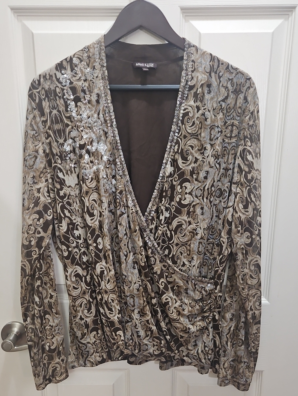 Anne Klein Silk Embellished Paisley Faux Wrap Blouse Brown Silver Metallic Sz 2X